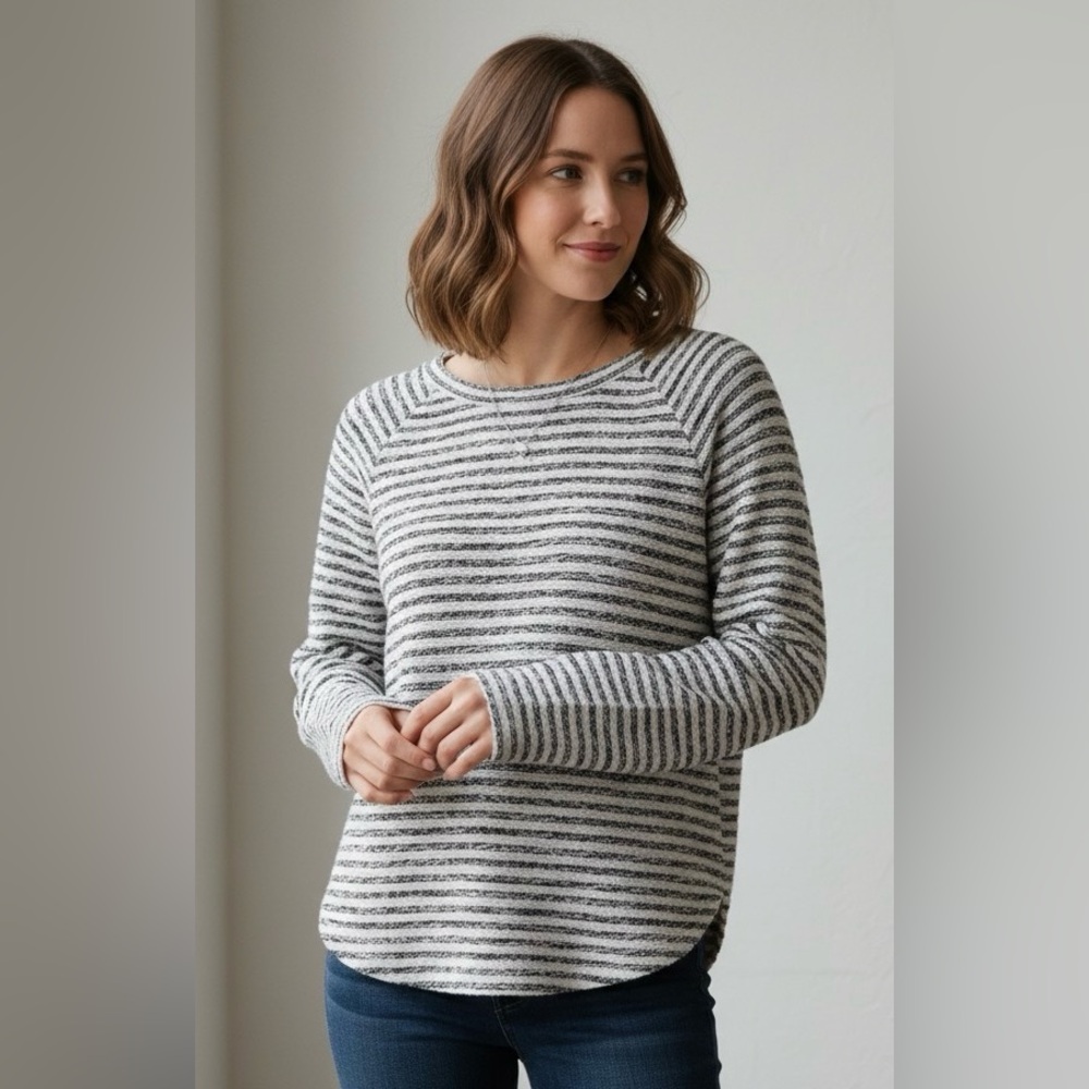 LOFT Striped Textured Long Raglan Sleeved Pullover Sweater Oval Hem Size Small
